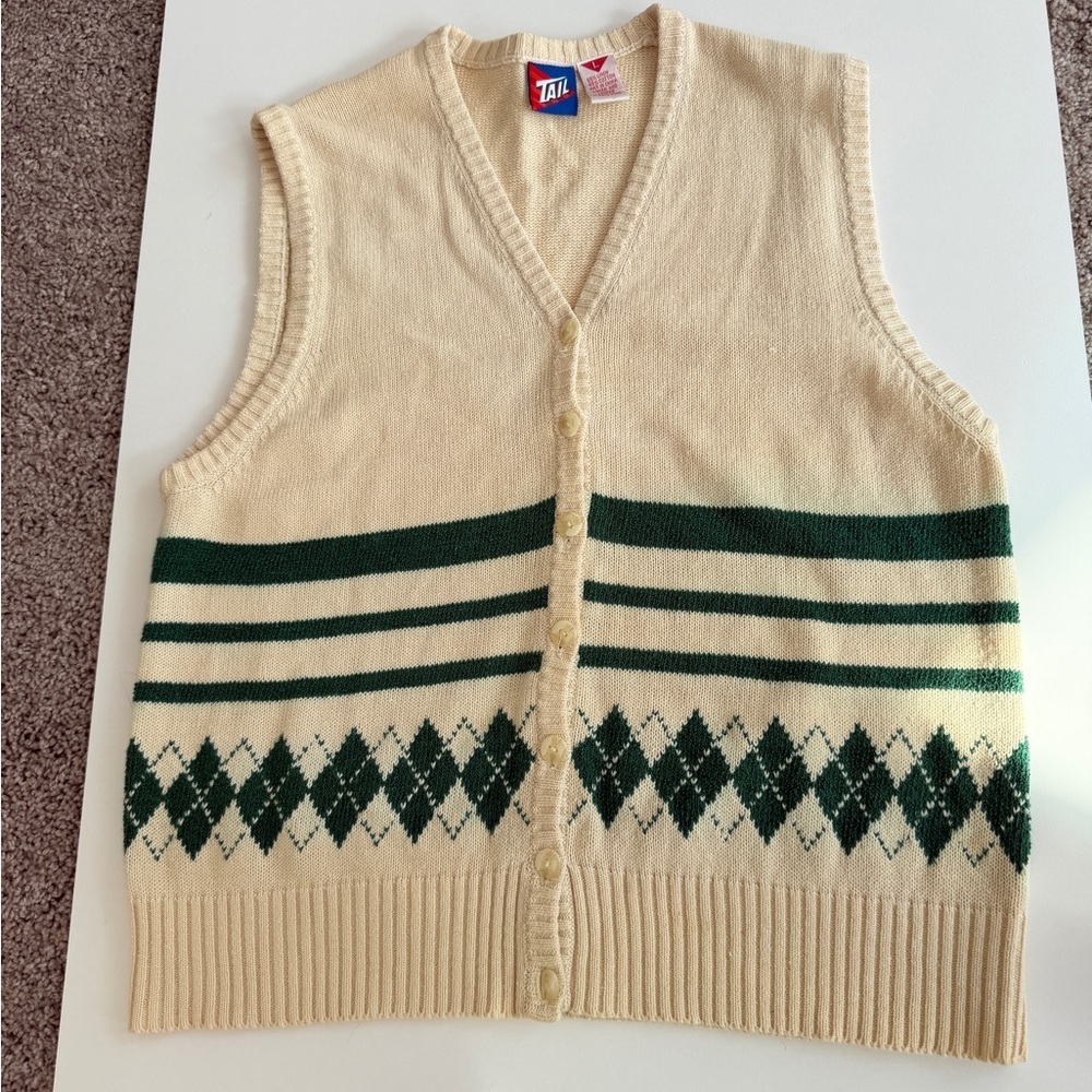 VTG 80’s Tail Sweater Vest Knit Argyle Cream/Green‎ Sz L Cottage Grandpa Core - Picture 8 of 11